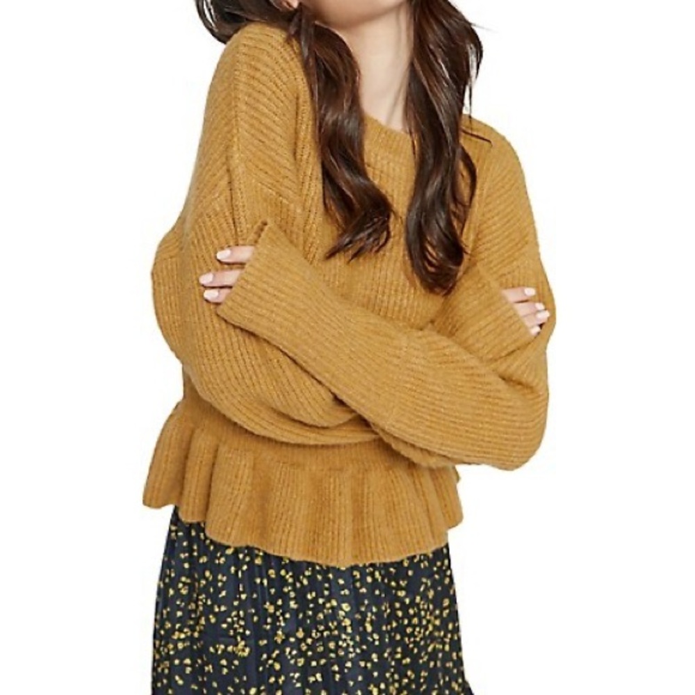 LOST + WANDER Tan Drop-Shoulder Peplum-Hem Wool Sweater